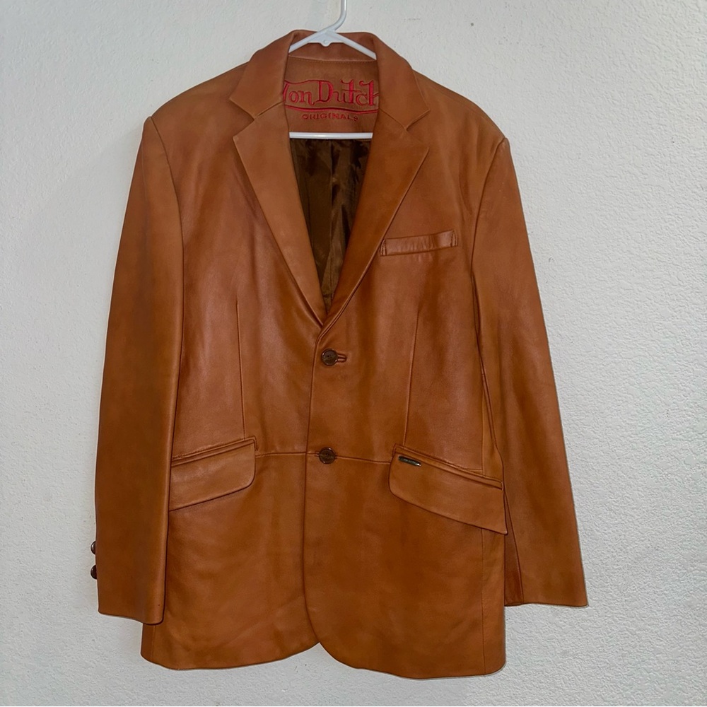 Von Dutch Vintage Men's Tan Leather Jacket Blazer Size M